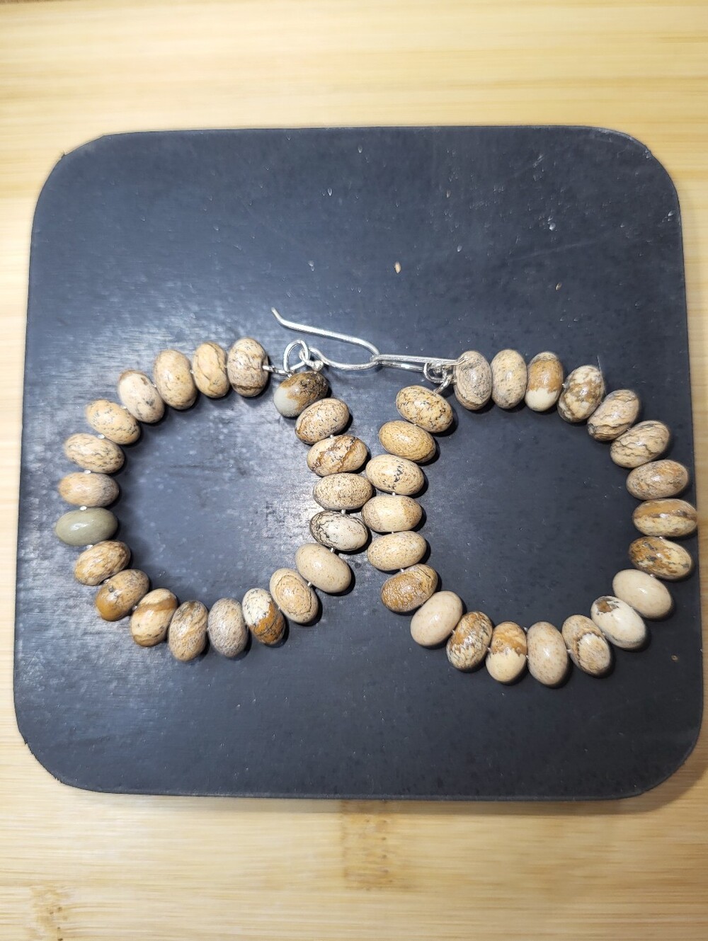 Natural Picture Jasper Bead Hoop Earrings - Beige Stone